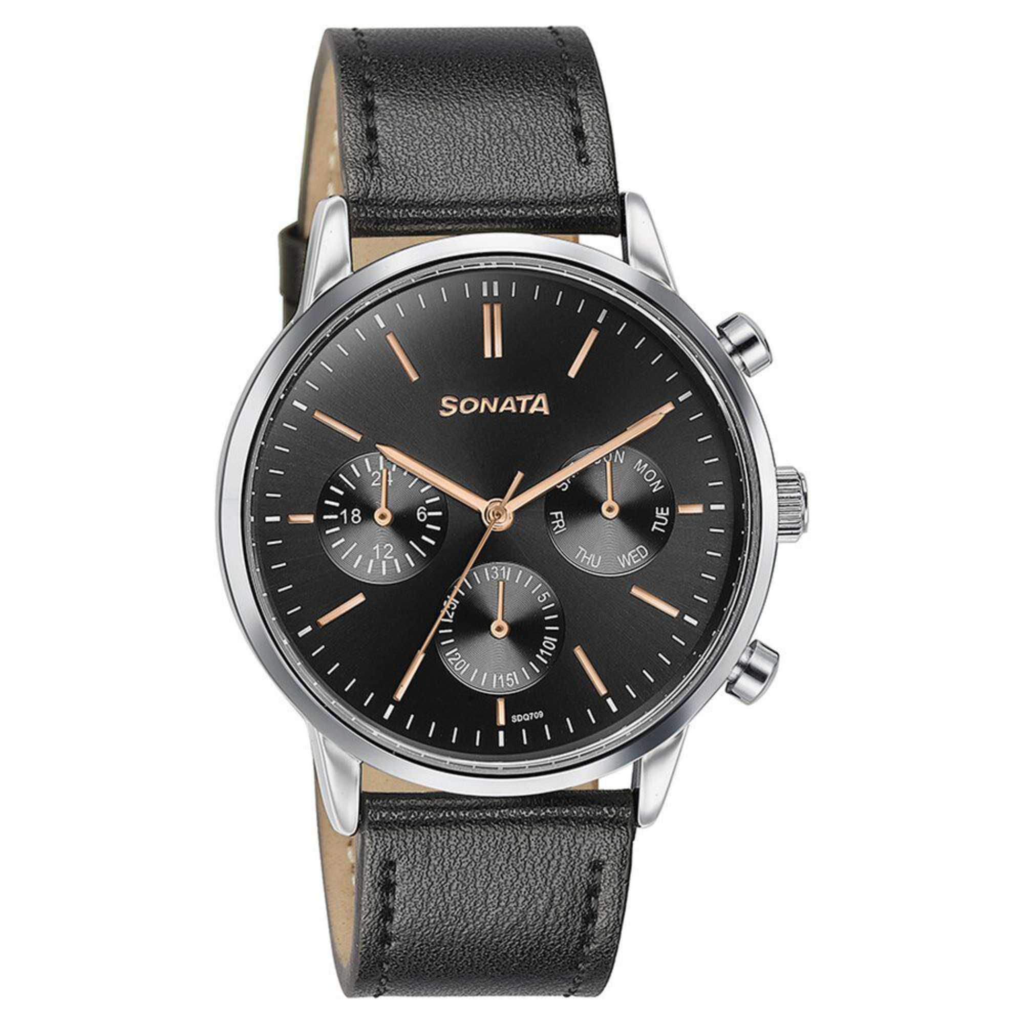 Sonata Quartz Multifunction Black Dial Black Leather Strap Watch For Men