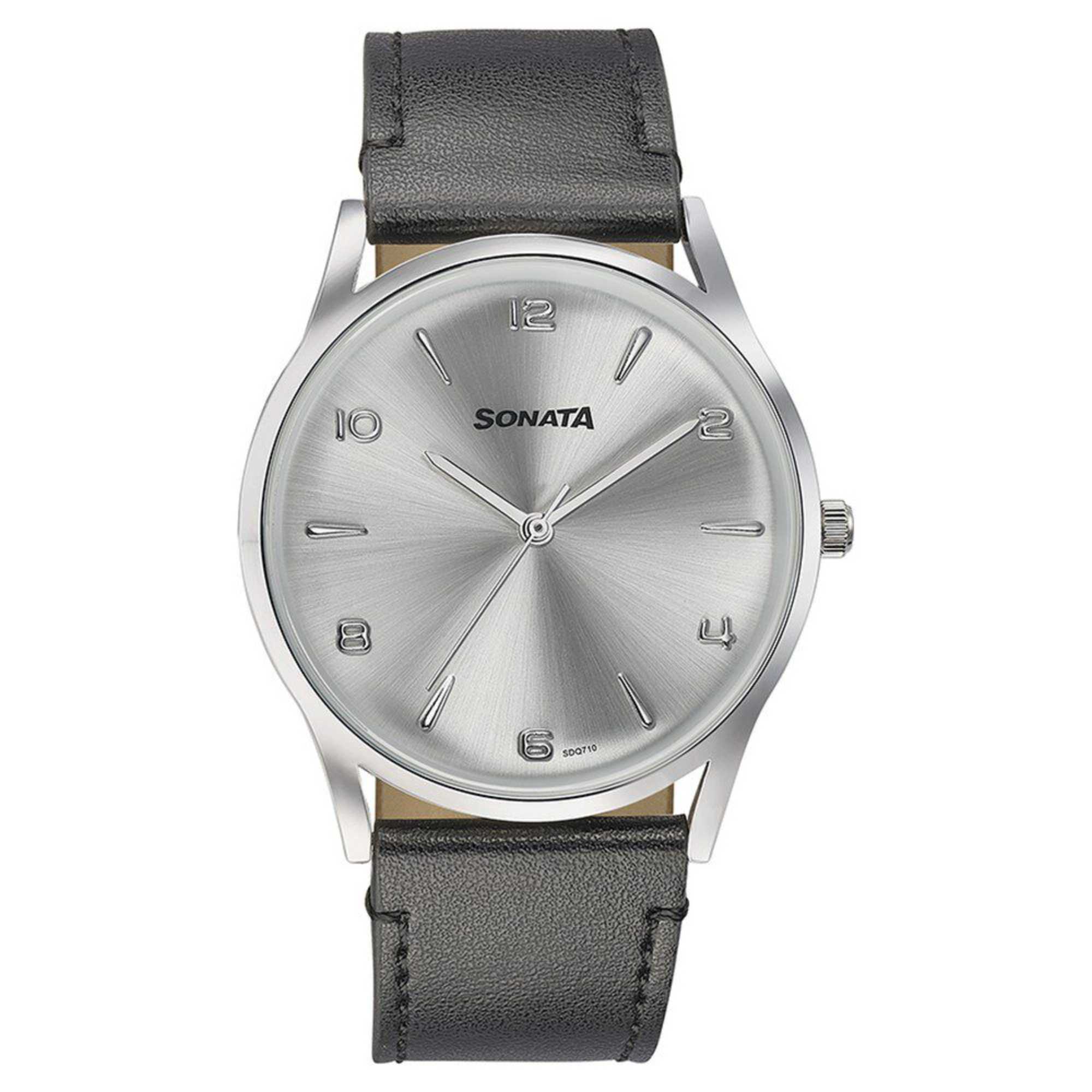 Sota Quartz Alog Silver Dial Black Leather Strap Watch For Men (77140SL01)