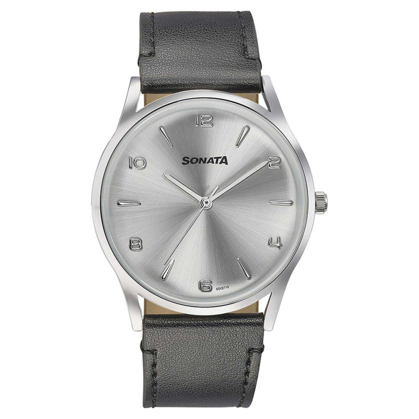 Sota Quartz Alog Silver Dial Black Leather Strap Watch For Men (77140SL01)