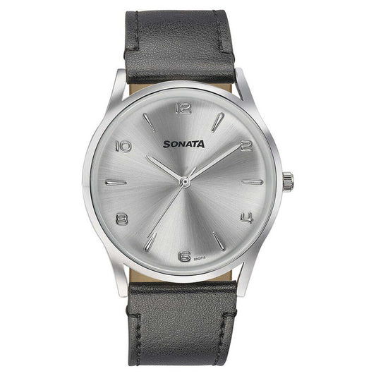 Sota Quartz Alog Silver Dial Black Leather Strap Watch For Men (77140SL01)