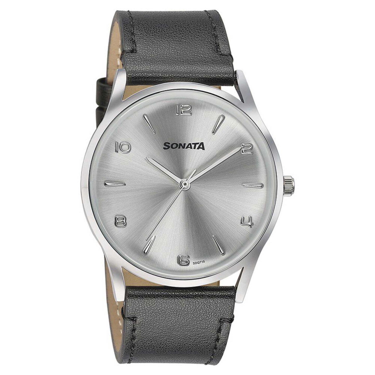 Sota Quartz Alog Silver Dial Black Leather Strap Watch For Men (77140SL01)