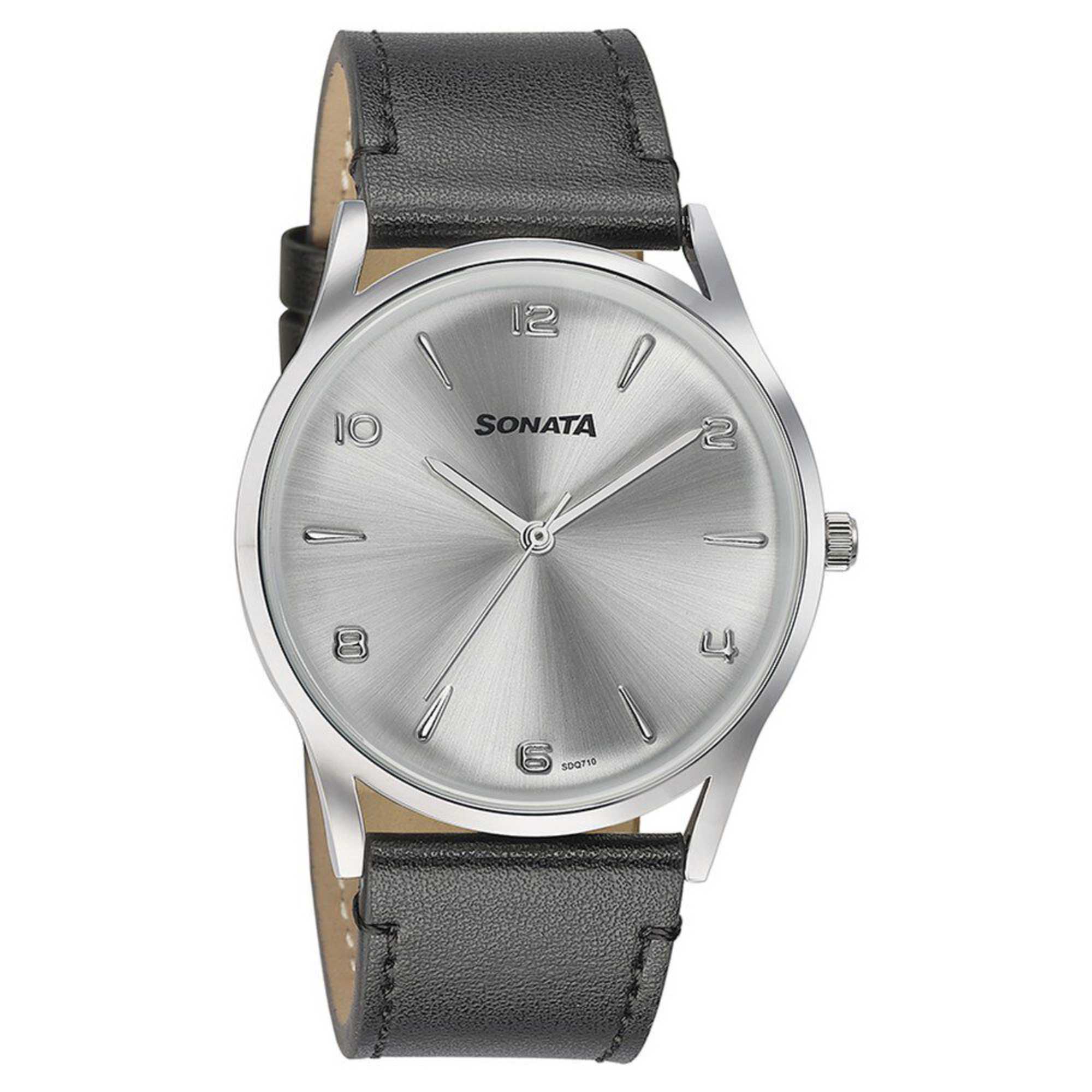Sota Quartz Alog Silver Dial Black Leather Strap Watch For Men (77140SL01)