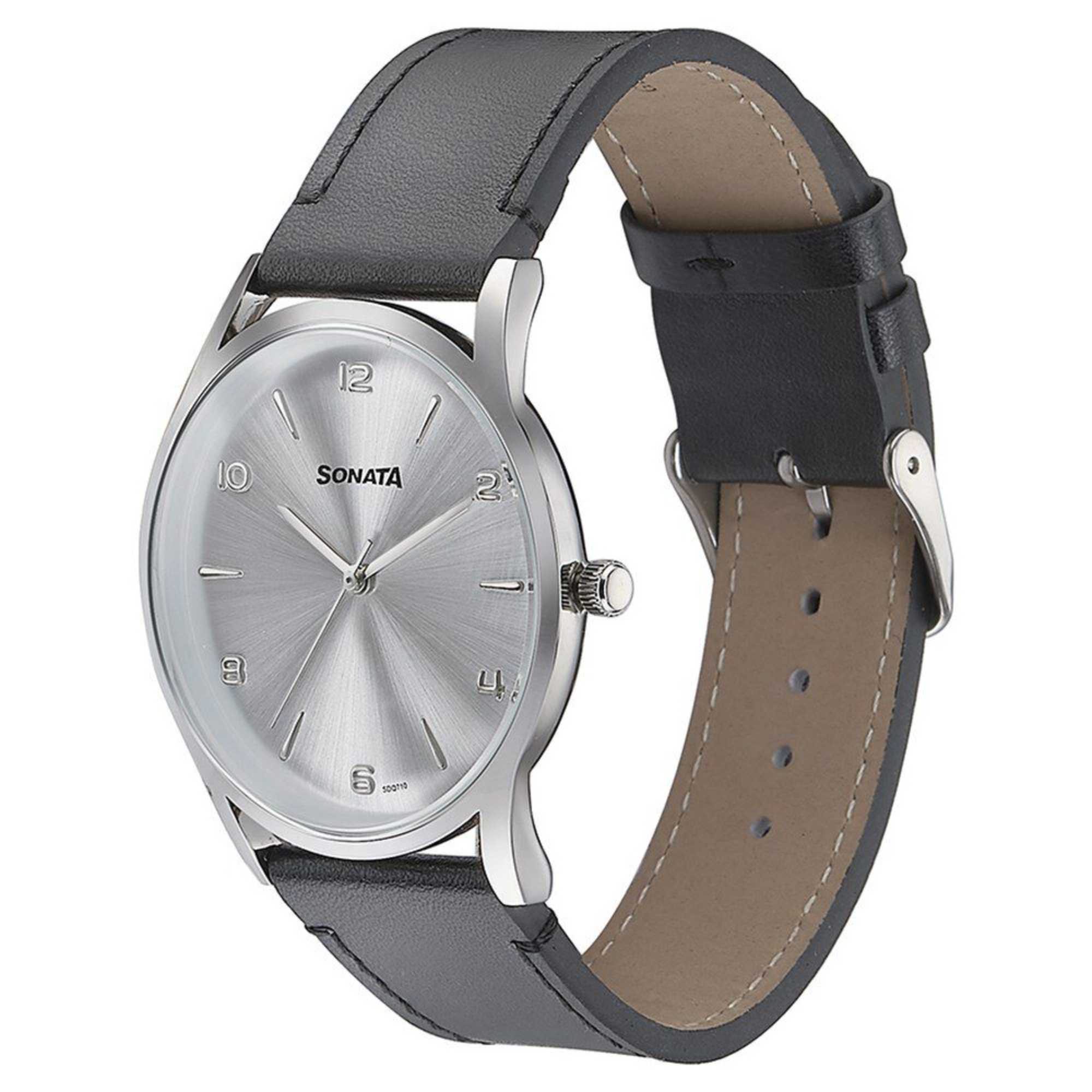 Sota Quartz Alog Silver Dial Black Leather Strap Watch For Men (77140SL01)