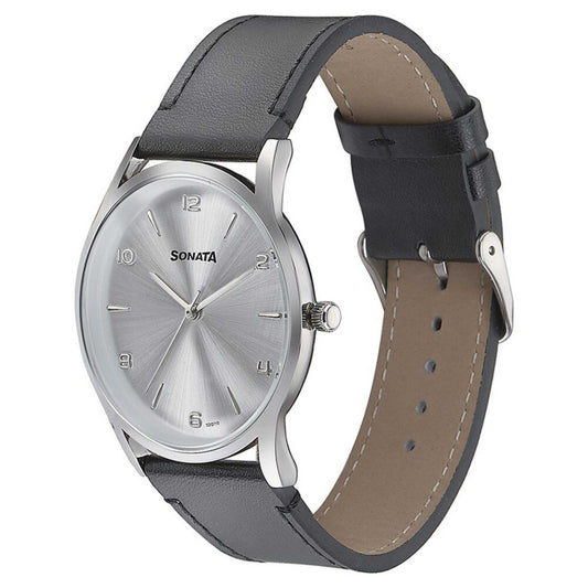 Sota Quartz Alog Silver Dial Black Leather Strap Watch For Men (77140SL01)