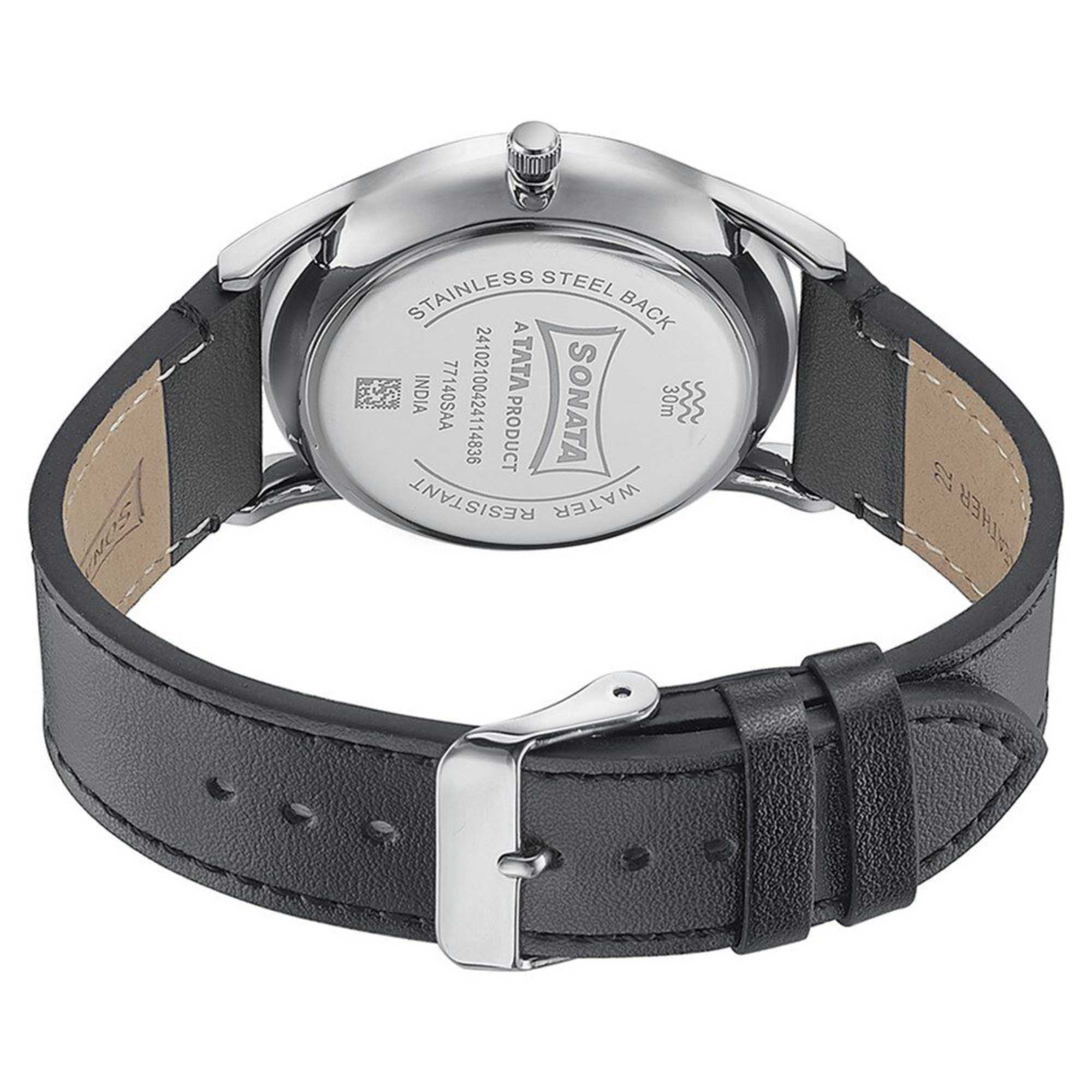 Sota Quartz Alog Silver Dial Black Leather Strap Watch For Men (77140SL01)