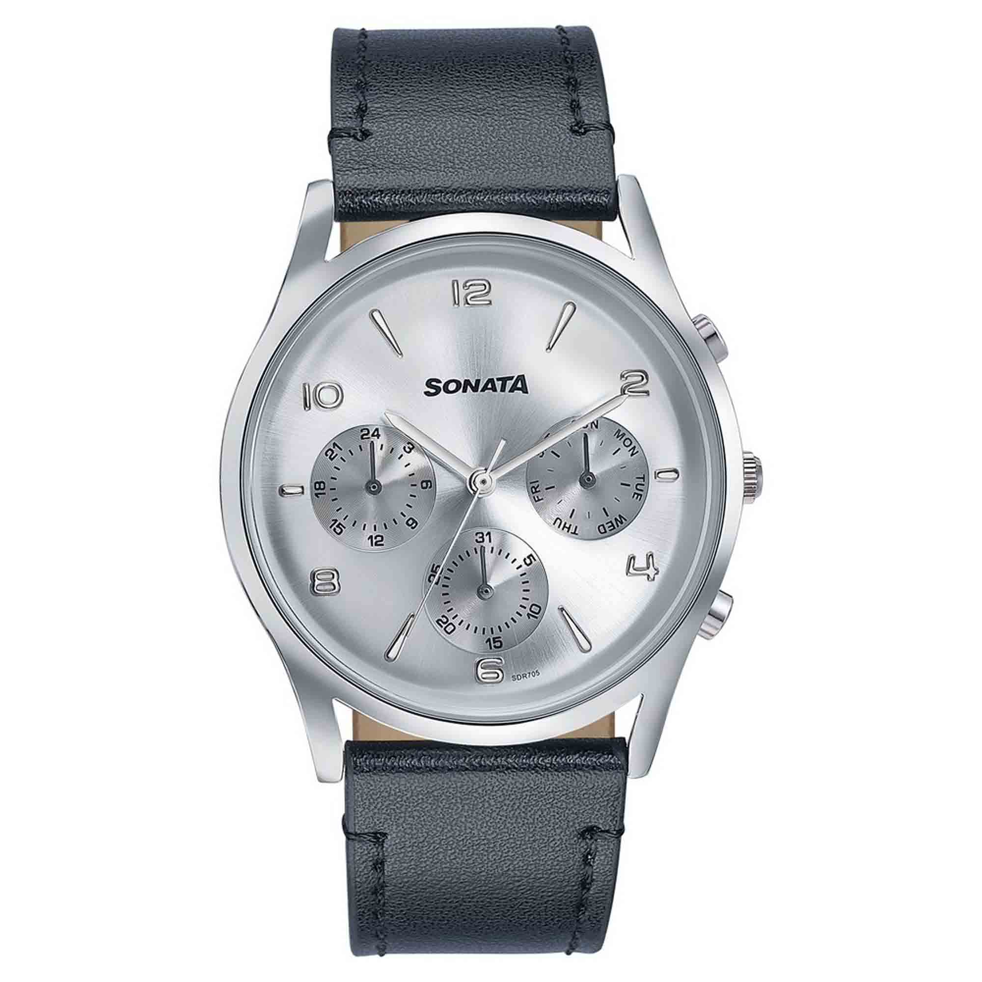 Sonata Silver Dial Black Leather Strap Multifunction Watch for Men