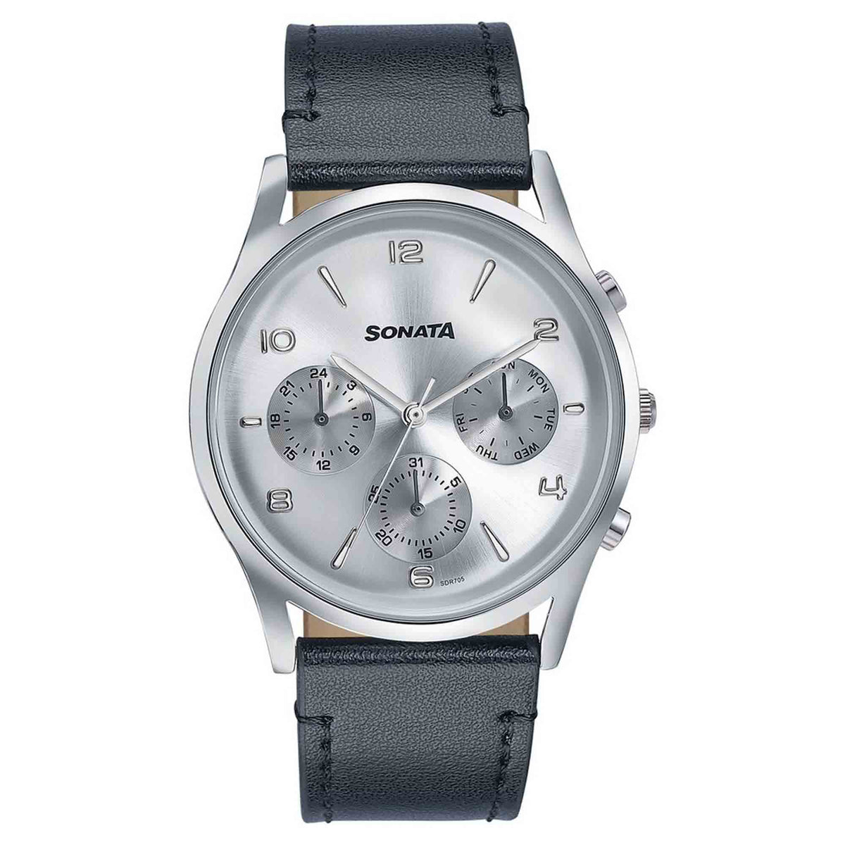 Sonata Silver Dial Black Leather Strap Multifunction Watch for Men