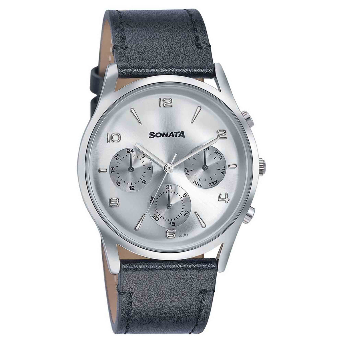 Sonata Silver Dial Black Leather Strap Multifunction Watch for Men