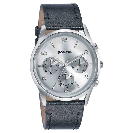 Sonata Silver Dial Black Leather Strap Multifunction Watch for Men