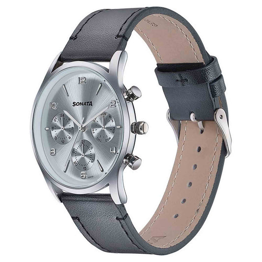 Sonata Silver Dial Black Leather Strap Multifunction Watch for Men