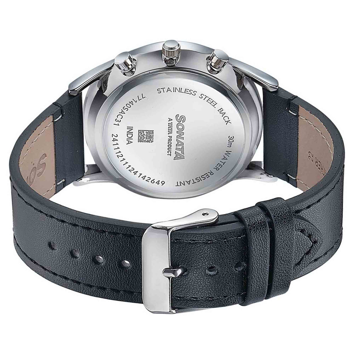 Sonata Silver Dial Black Leather Strap Multifunction Watch for Men