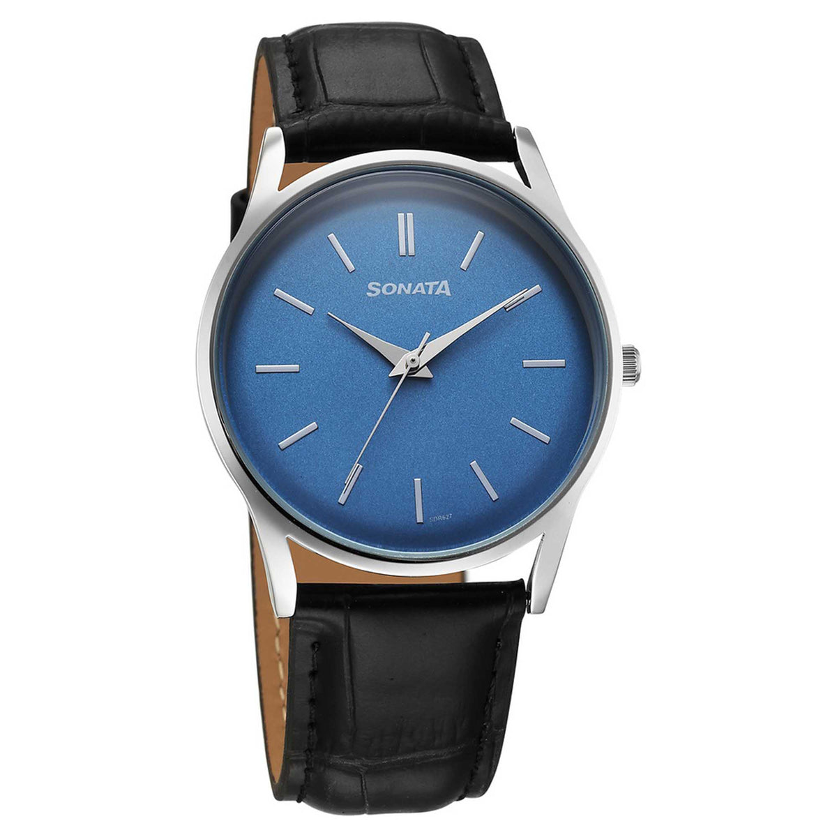 Sonata Blue Dial Black Leather Strap Analog Watch for Men