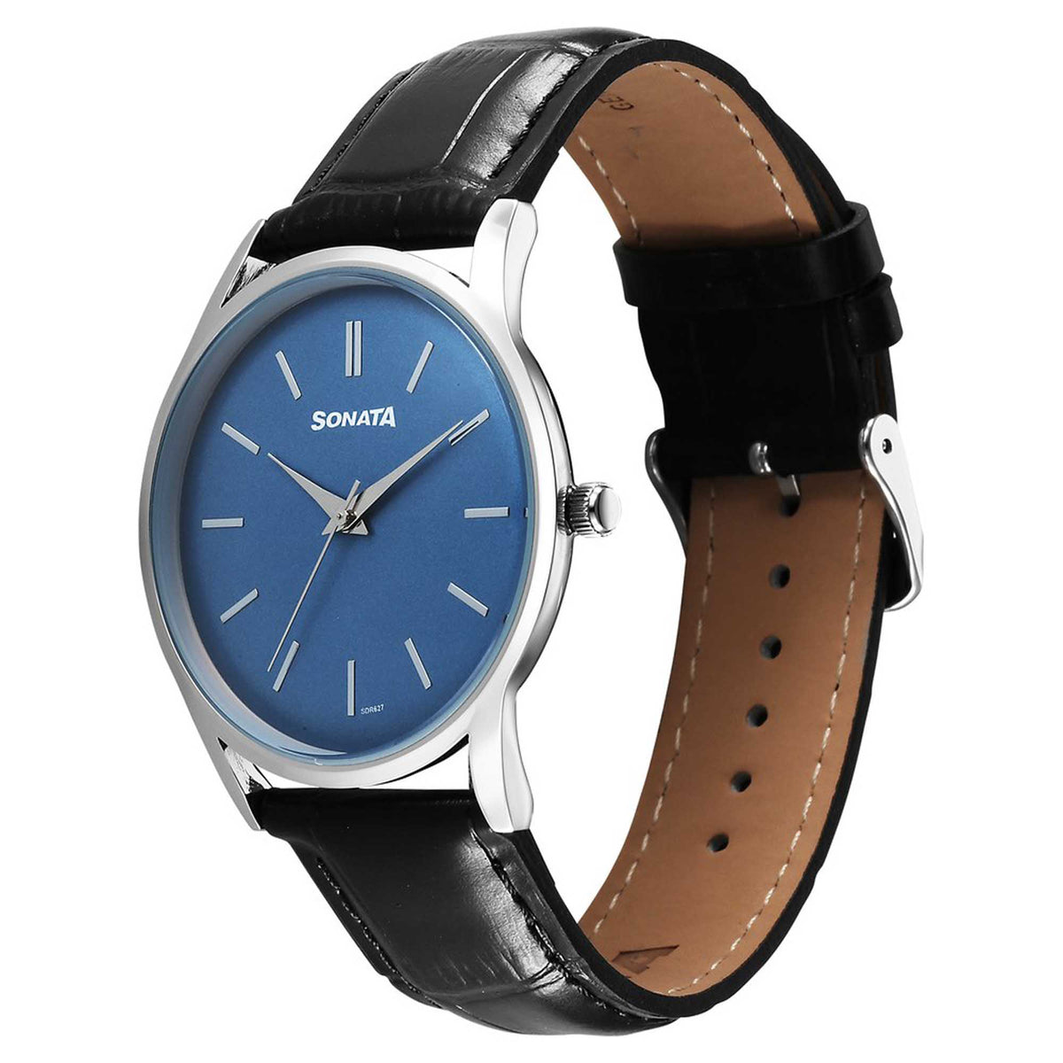 Sonata Blue Dial Black Leather Strap Analog Watch for Men