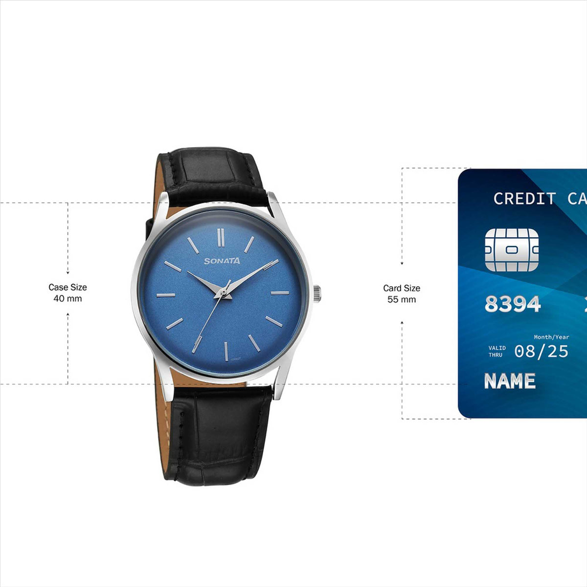 Sonata Blue Dial Black Leather Strap Analog Watch for Men