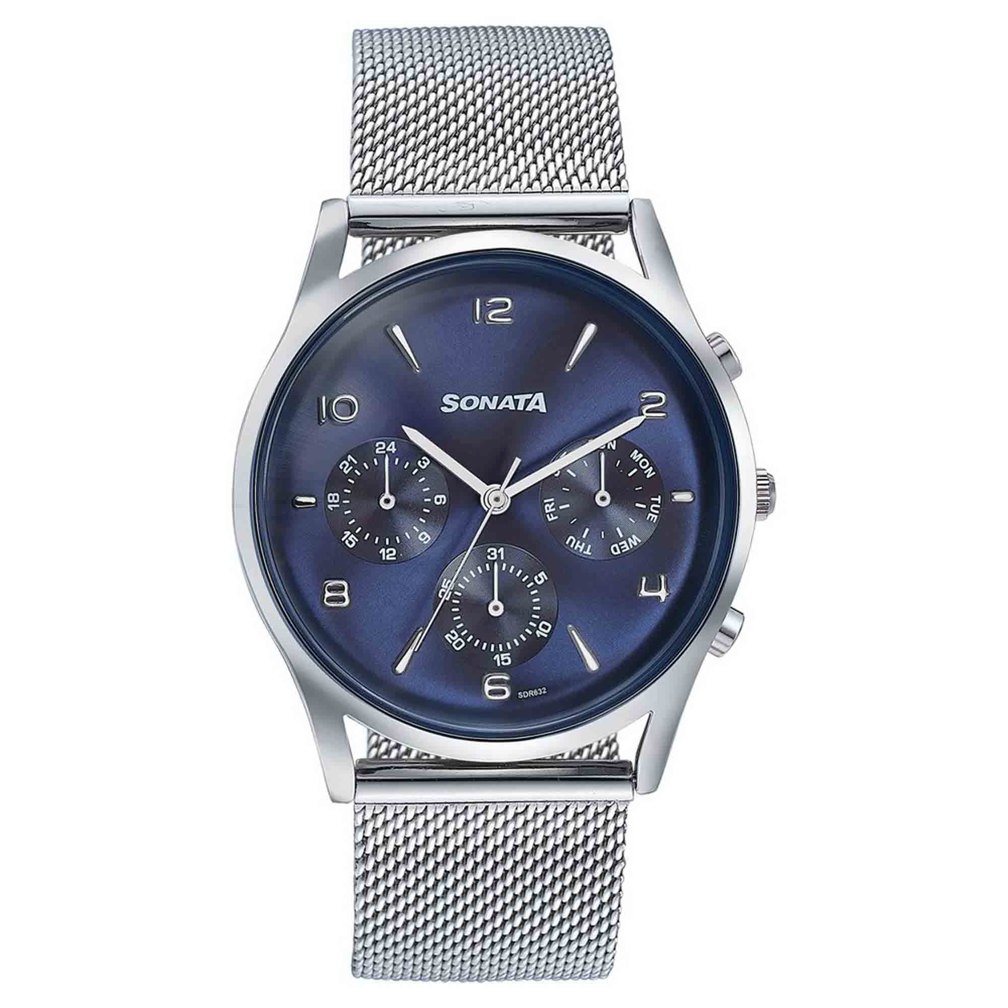 Sonata Blue Dial Silver Stainless Steel Strap Multifunction Watch for Men