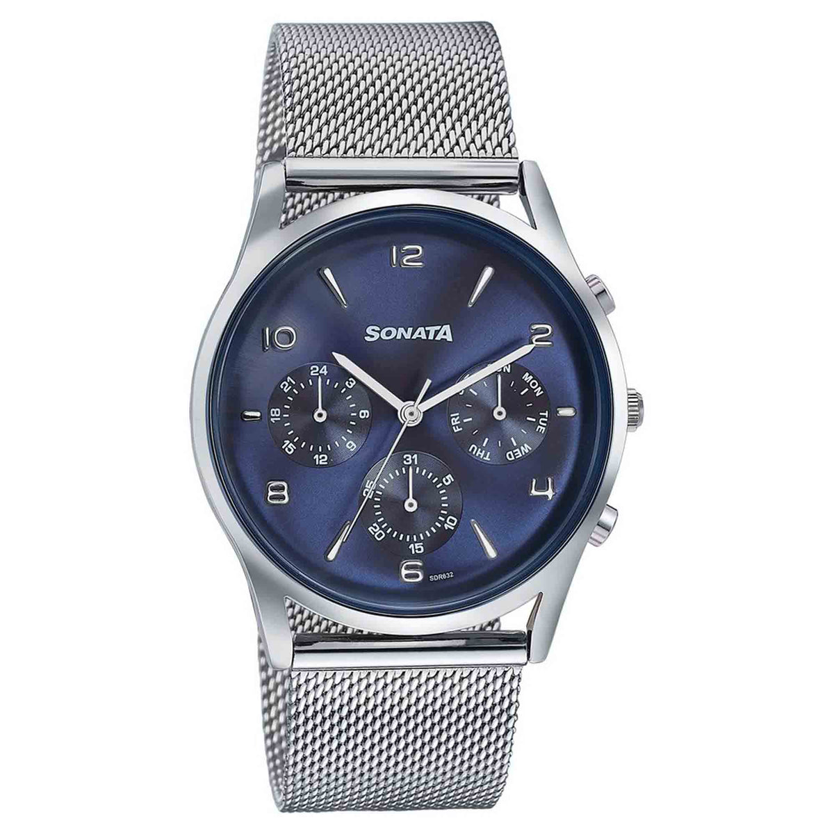 Sonata Blue Dial Silver Stainless Steel Strap Multifunction Watch for Men