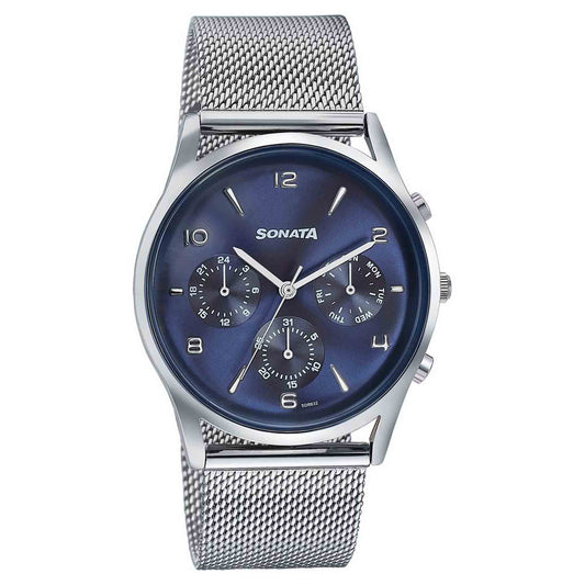 Sonata Blue Dial Silver Stainless Steel Strap Multifunction Watch for Men