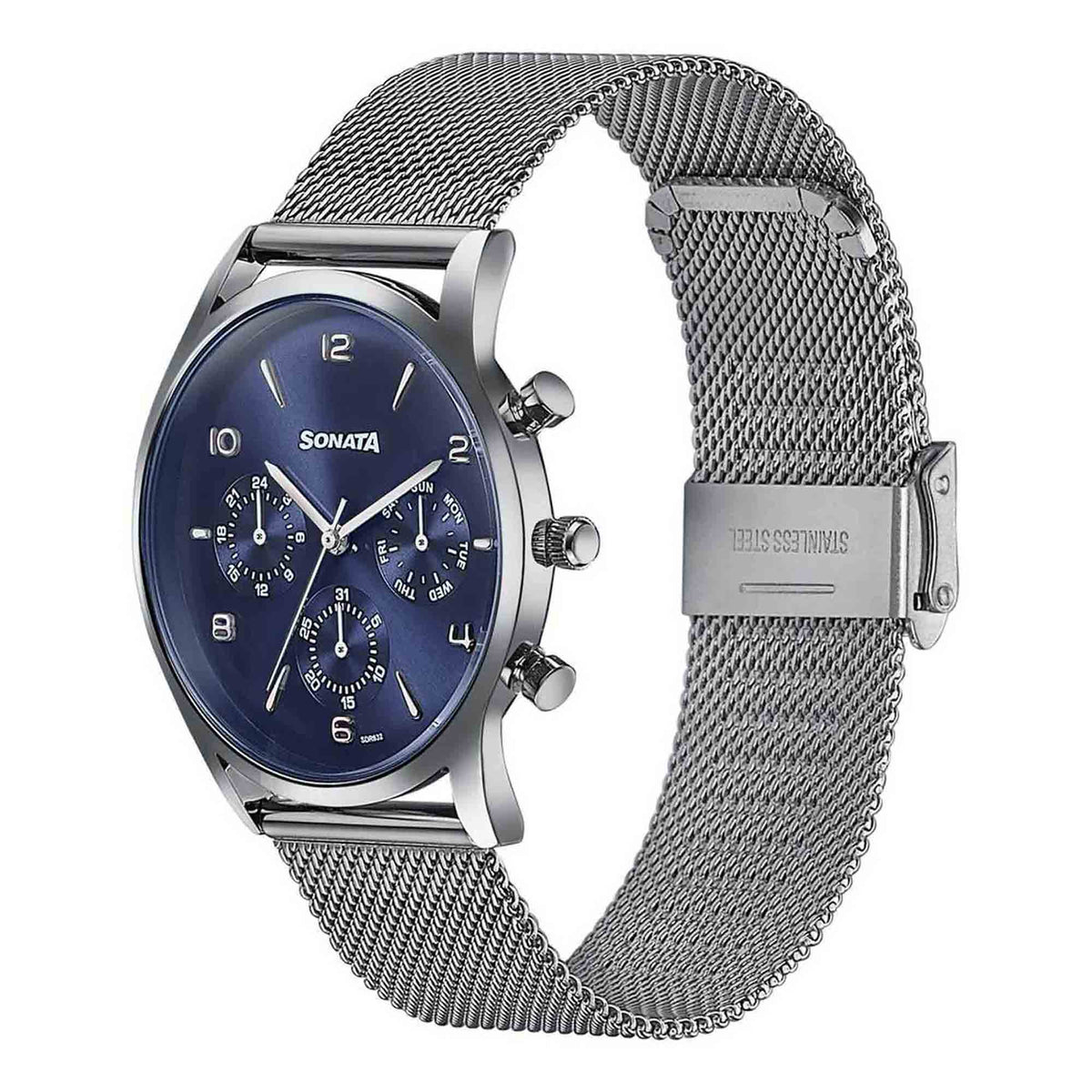Sonata Blue Dial Silver Stainless Steel Strap Multifunction Watch for Men