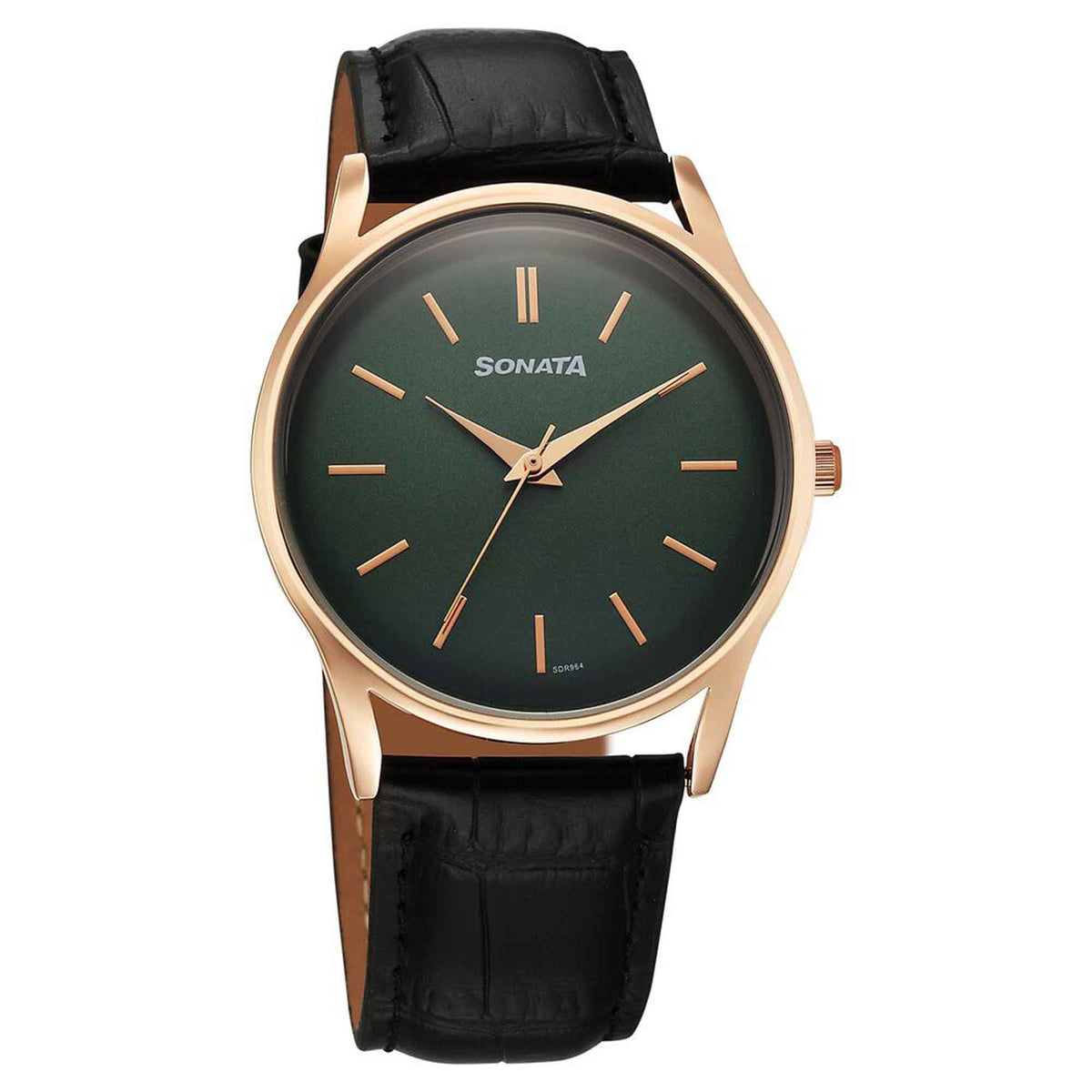 Sonata Green Dial Black Leather Strap Analog Watch for Men