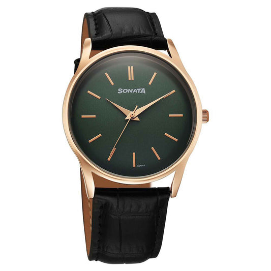 Sonata Green Dial Black Leather Strap Analog Watch for Men