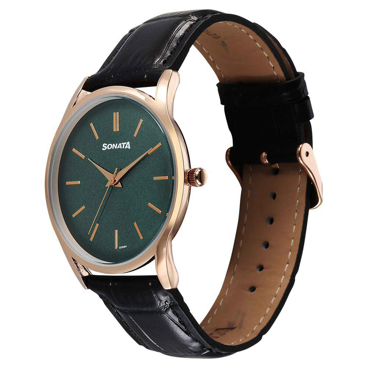 Sonata Green Dial Black Leather Strap Analog Watch for Men