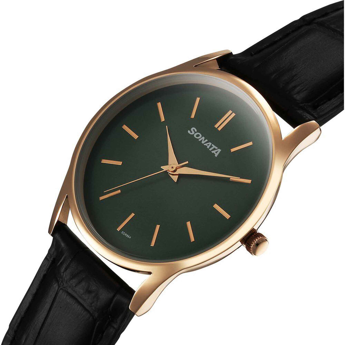Sonata Green Dial Black Leather Strap Analog Watch for Men