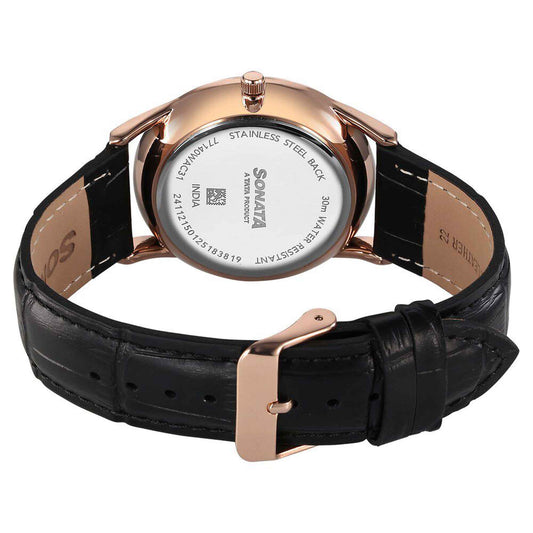 Sonata Green Dial Black Leather Strap Analog Watch for Men