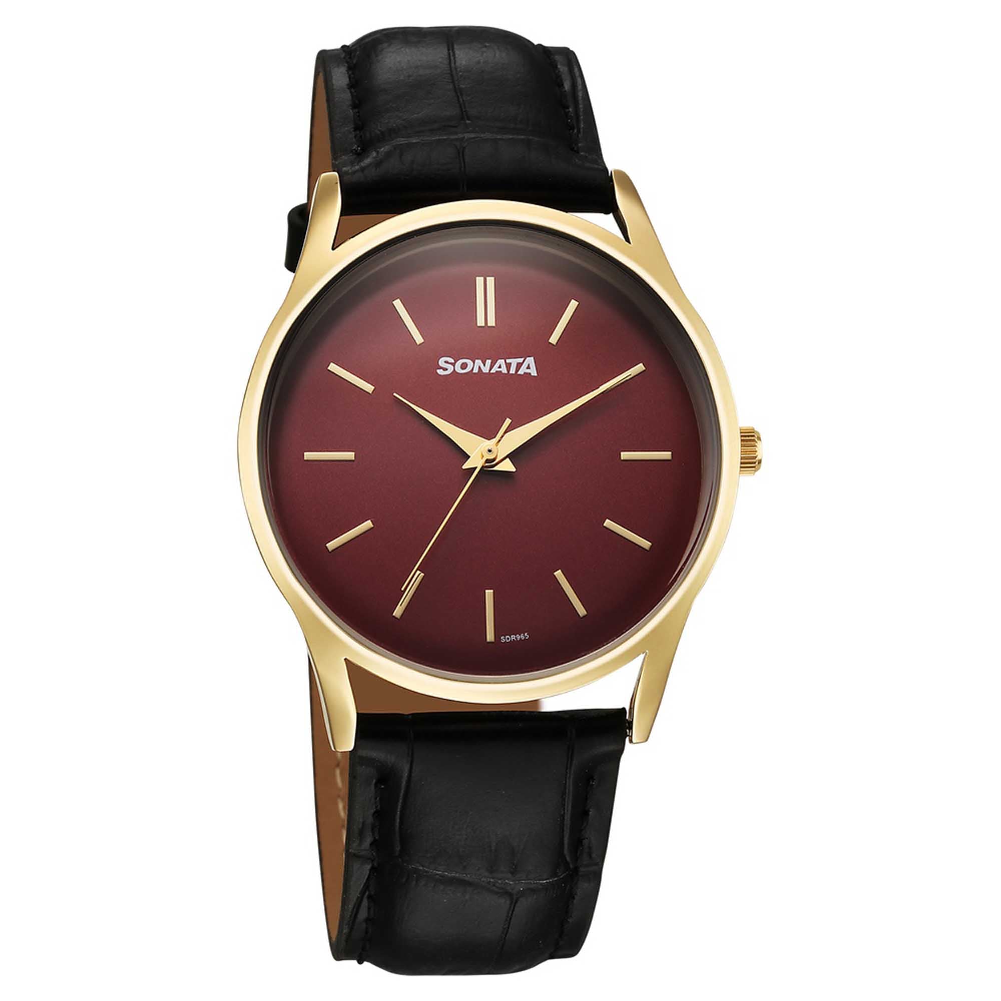 Sonata Maroon Dial Black Leather Strap Analog Watch for Men
