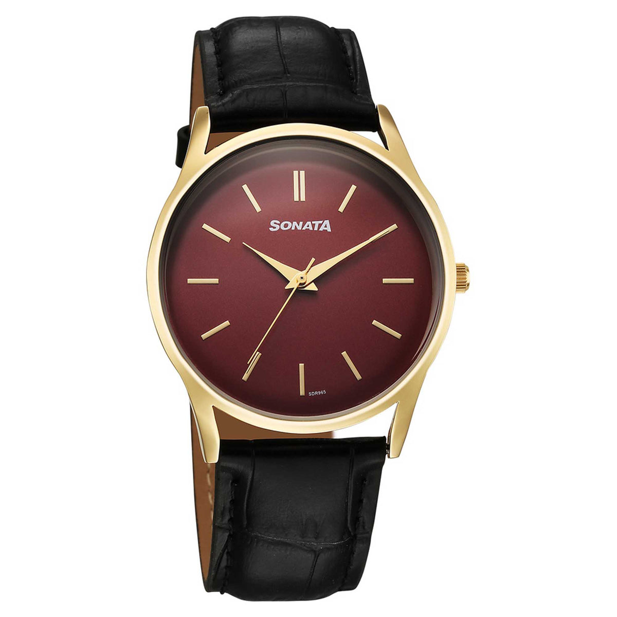 Sonata Maroon Dial Black Leather Strap Analog Watch for Men