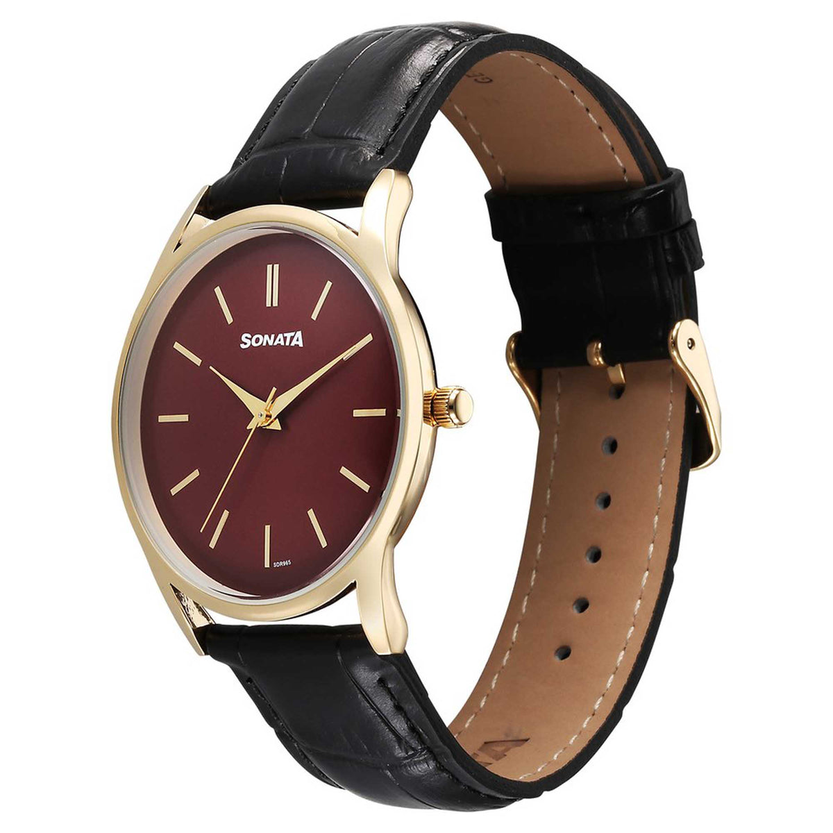 Sonata Maroon Dial Black Leather Strap Analog Watch for Men