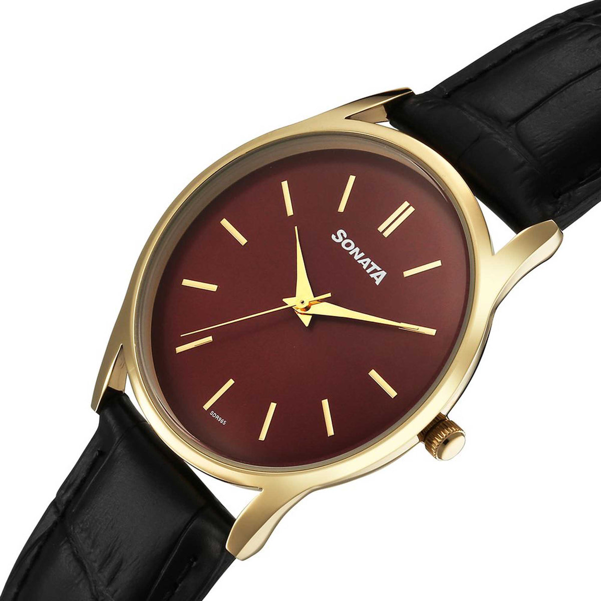 Sonata Maroon Dial Black Leather Strap Analog Watch for Men