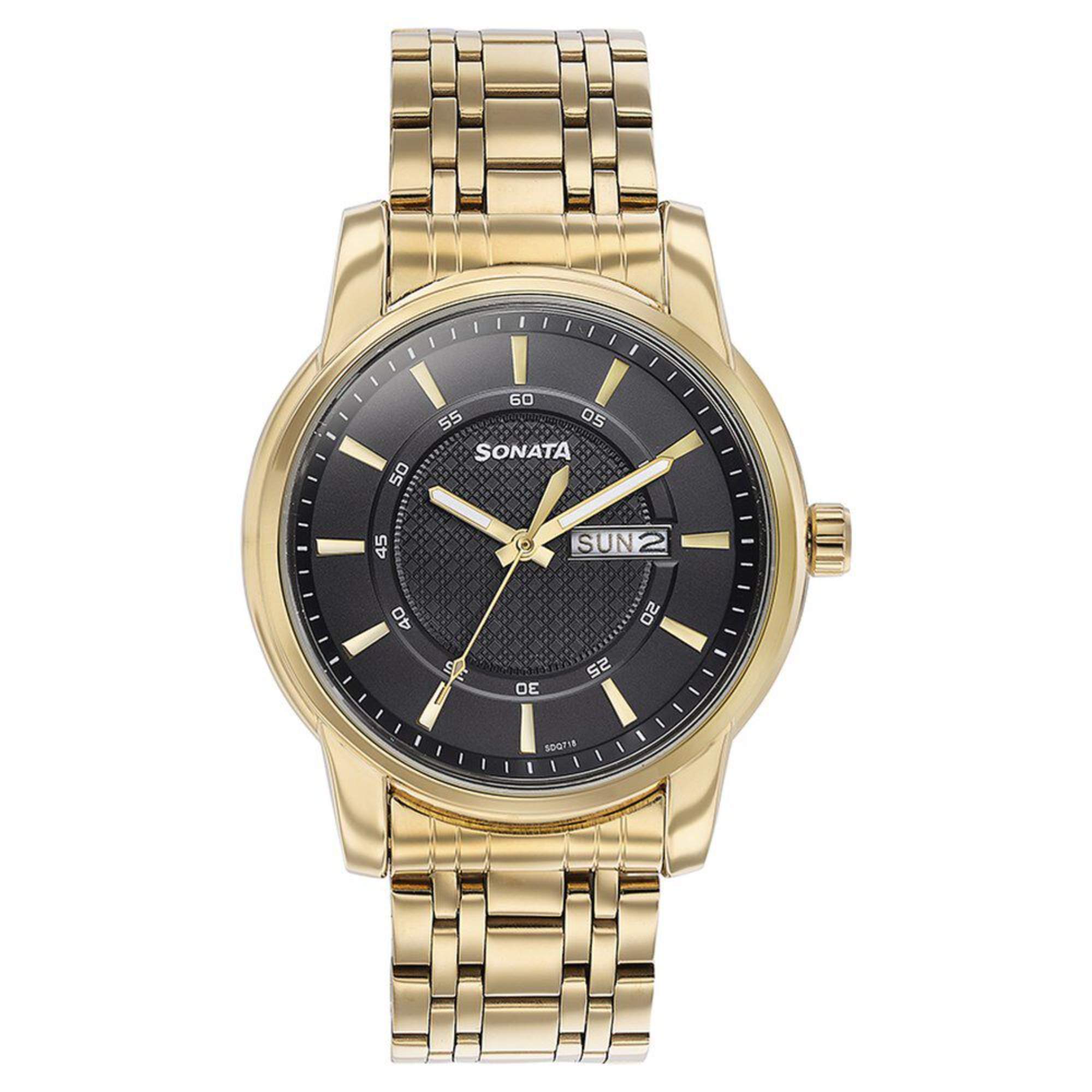 Sonata Black Dial Gold Metal Strap Analog with Day and Date Watch for Men