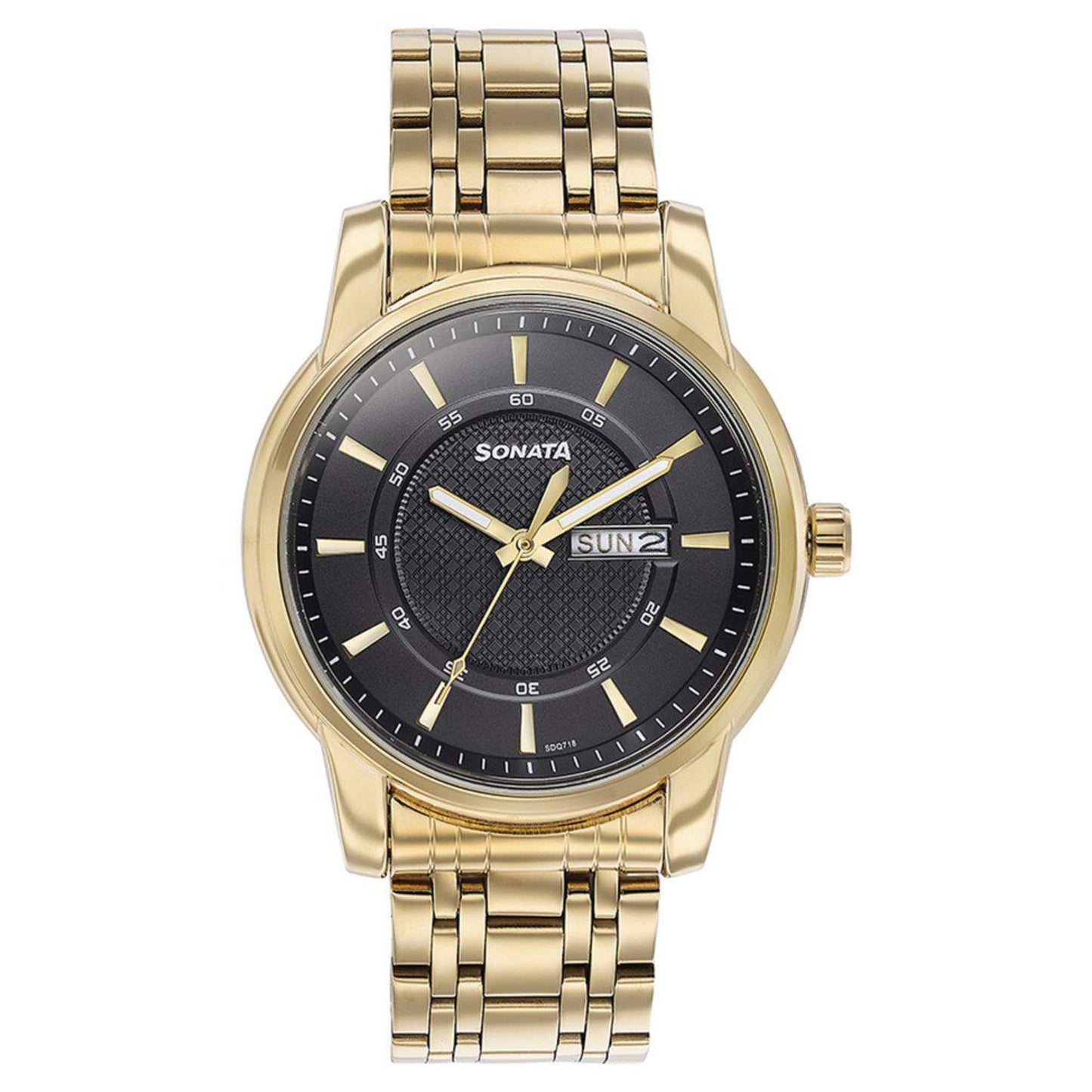 Sonata Black Dial Gold Metal Strap Analog with Day and Date Watch for Men