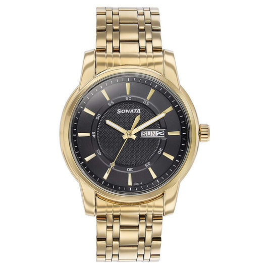 Sonata Black Dial Gold Metal Strap Analog with Day and Date Watch for Men