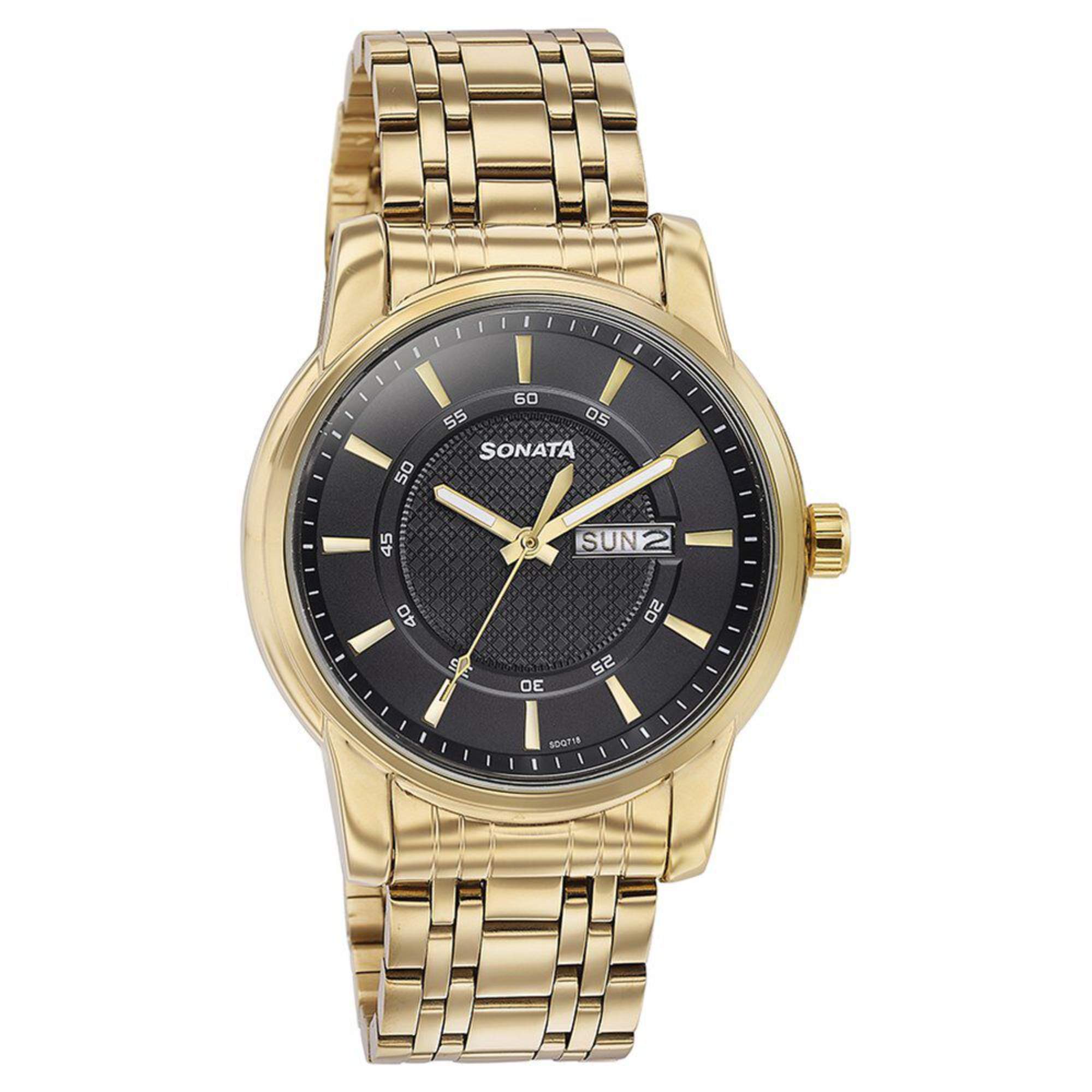 Sonata Black Dial Gold Metal Strap Analog with Day and Date Watch for Men