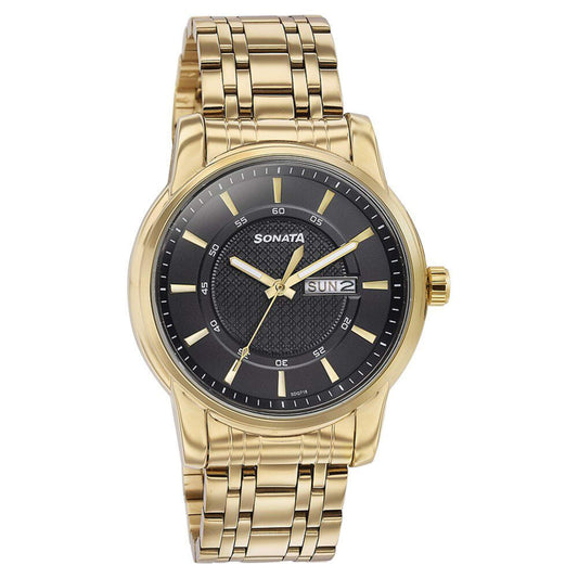 Sonata Black Dial Gold Metal Strap Analog with Day and Date Watch for Men