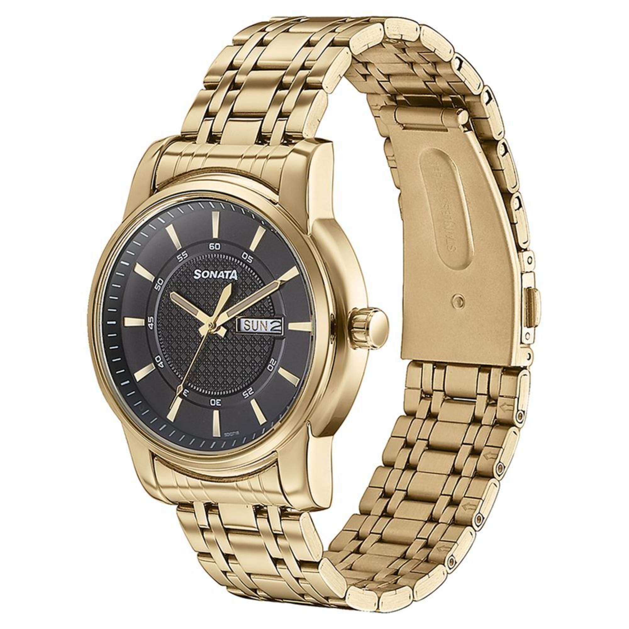 Sonata Black Dial Gold Metal Strap Analog with Day and Date Watch for Men