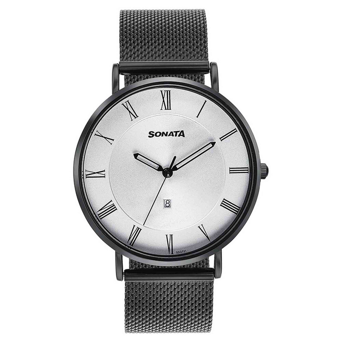 Sonata Silver Dial Black Stainless Steel Strap Analog with Date Watch for Men