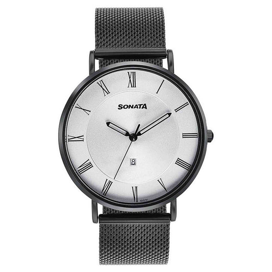 Sonata Silver Dial Black Stainless Steel Strap Analog with Date Watch for Men