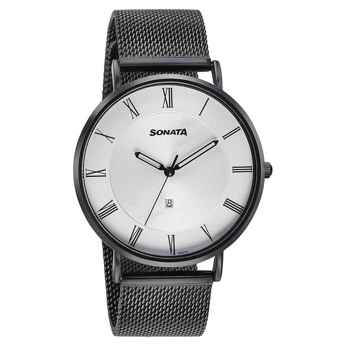 Sonata Silver Dial Black Stainless Steel Strap Analog with Date Watch for Men