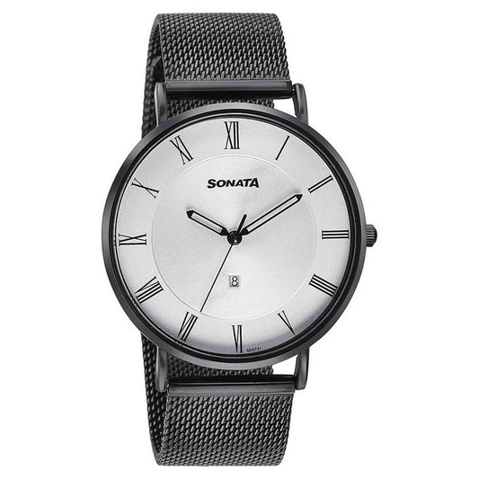 Sonata Silver Dial Black Stainless Steel Strap Analog with Date Watch for Men