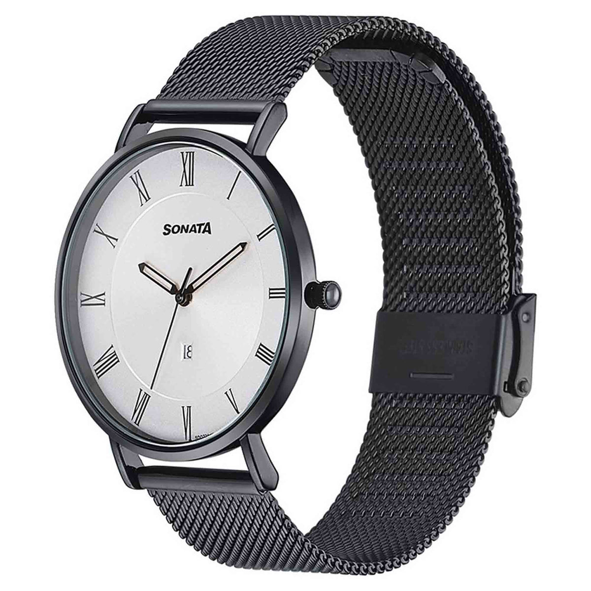 Sonata Silver Dial Black Stainless Steel Strap Analog with Date Watch for Men