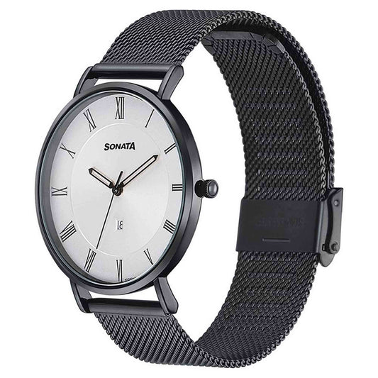 Sonata Silver Dial Black Stainless Steel Strap Analog with Date Watch for Men