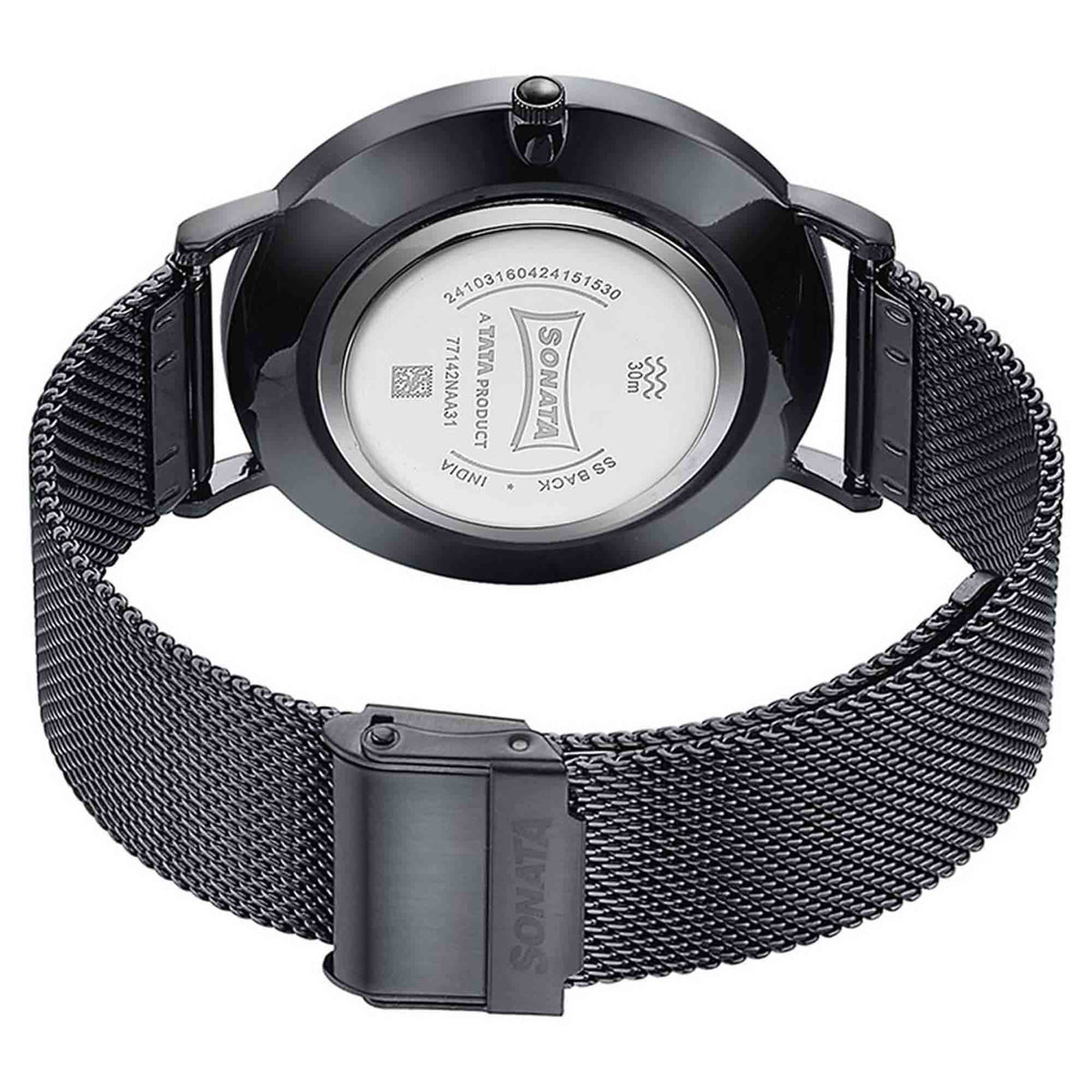 Sonata Silver Dial Black Stainless Steel Strap Analog with Date Watch for Men