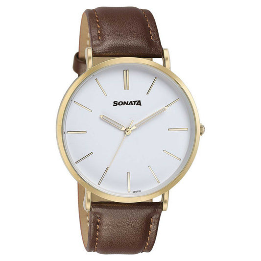Sonata Quartz Analog White Dial Brown Leather Strap Watch For Men