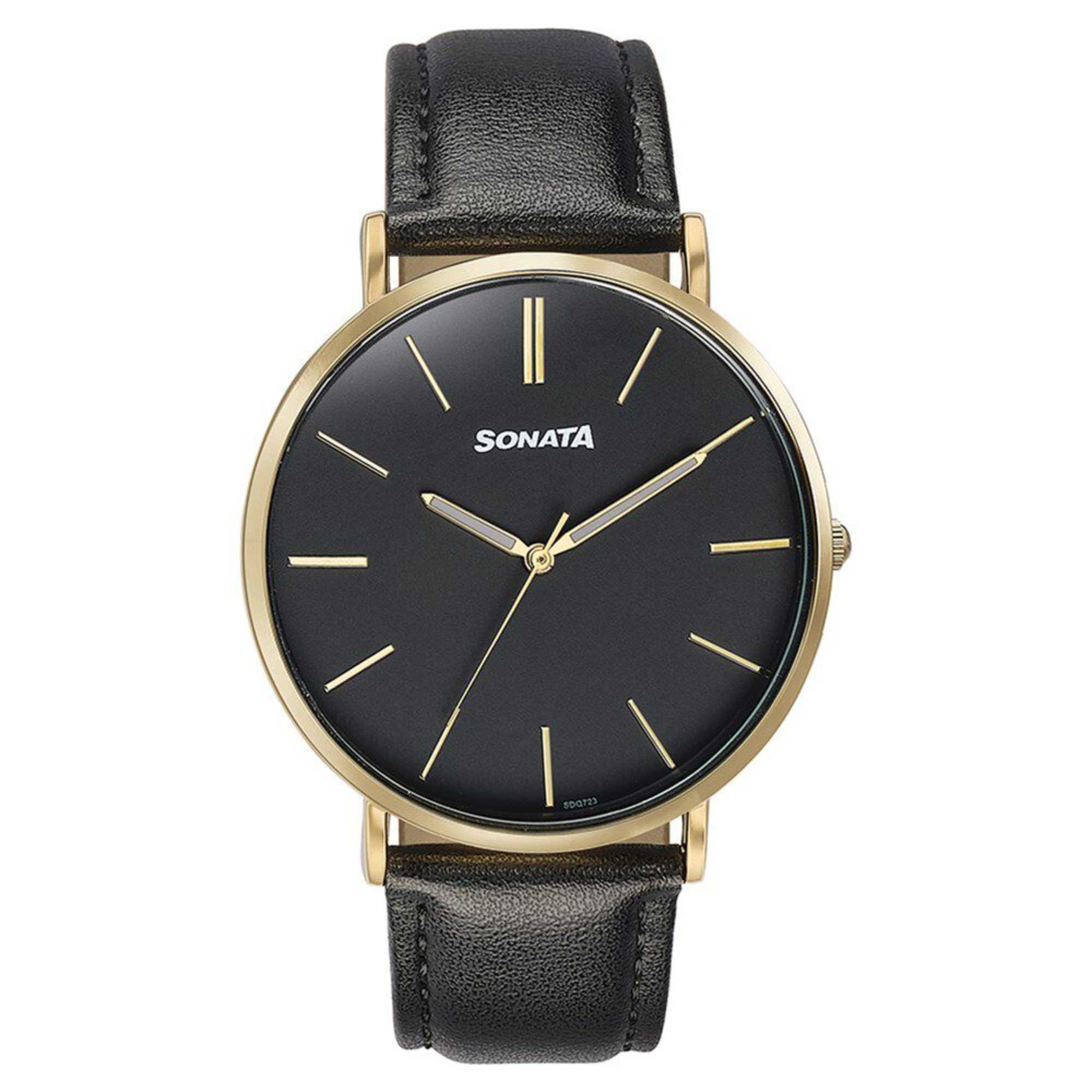 Sonata Black Dial Leather Strap Analog Watch for Men