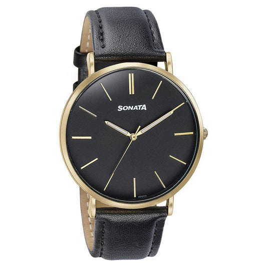 Sonata Black Dial Leather Strap Analog Watch for Men