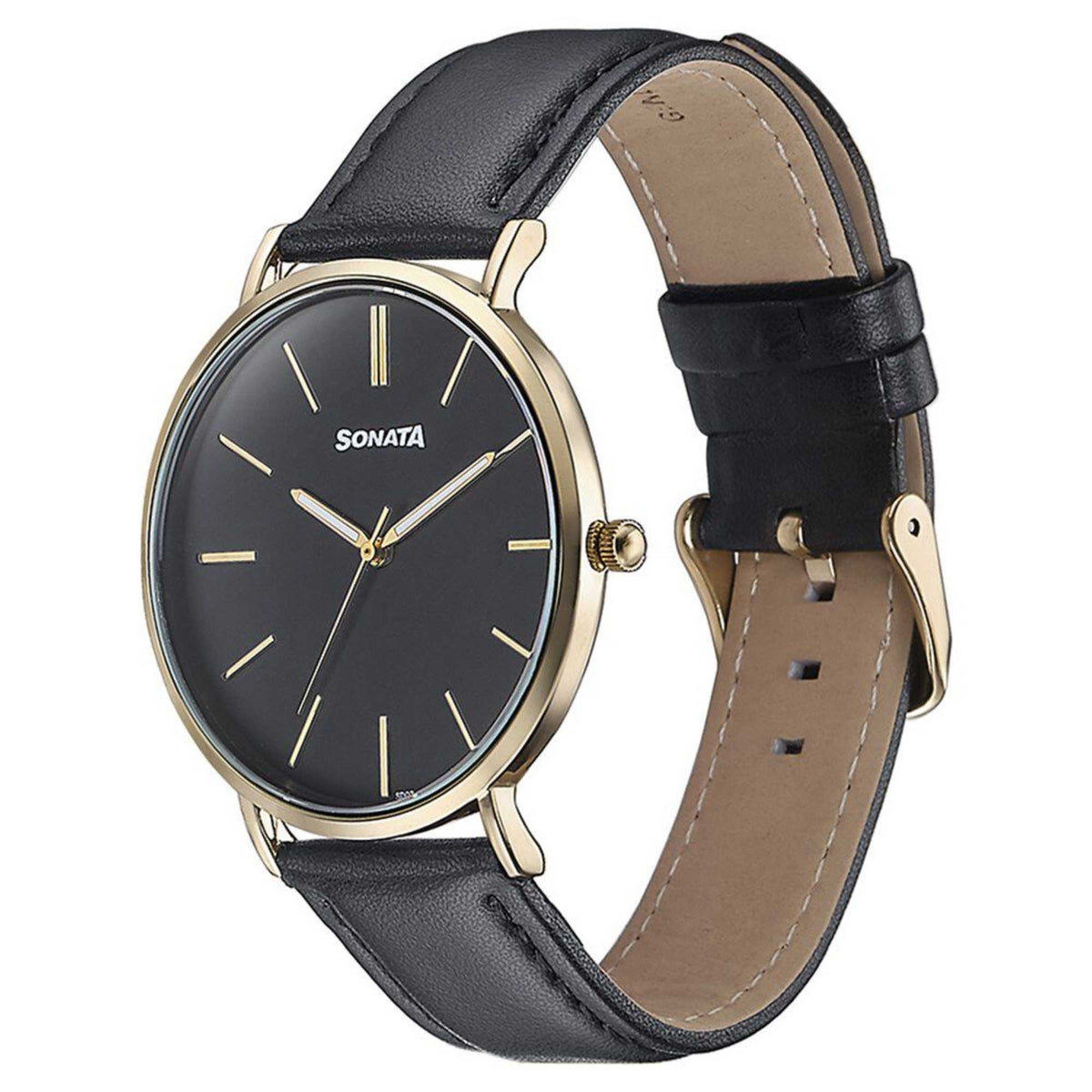 Sonata Black Dial Leather Strap Analog Watch for Men