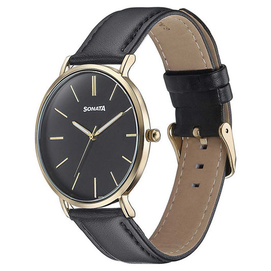 Sonata Black Dial Leather Strap Analog Watch for Men