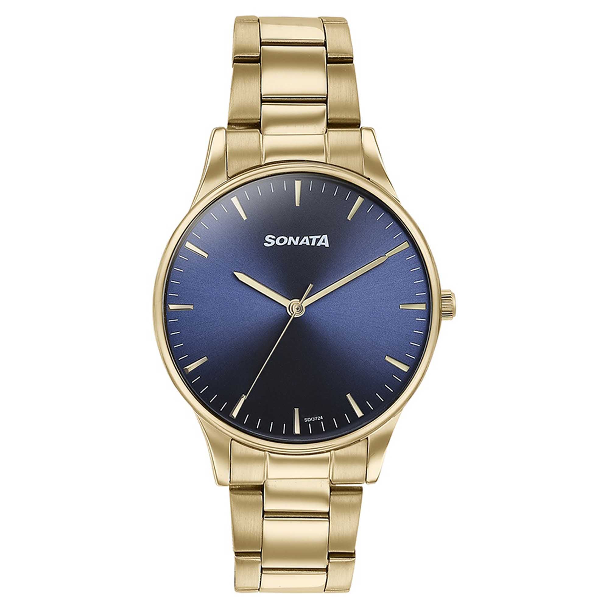 Sonata Blue Dial Gold Stainless Steel Strap Analog Watch for Men